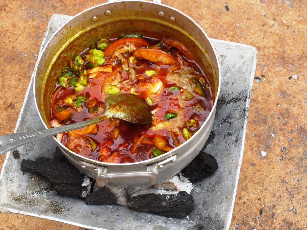 Ghana Cooking Class Pot of stew on charcoal stove